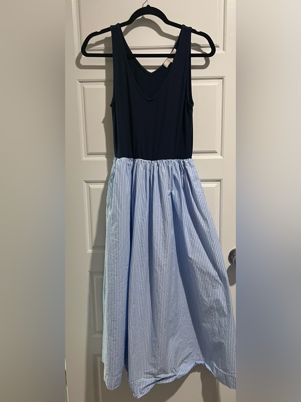 LOFT Navy Top with Light Blue Striped Skirt Dress